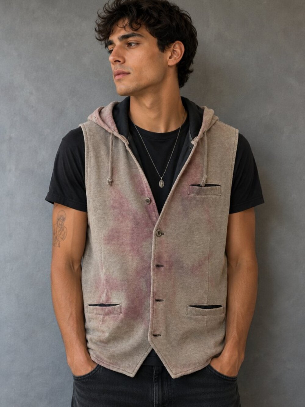 Rock and Republic Vest Acid Wash Grunge Gray Brown Size XL Hooded